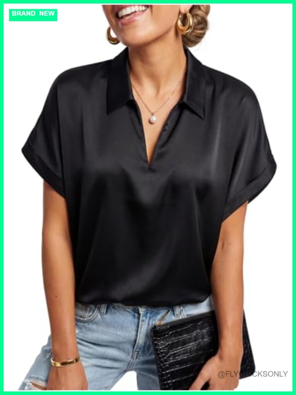 Silky Satin Notched Collar Dolman Sleeve Blouse for Work Office